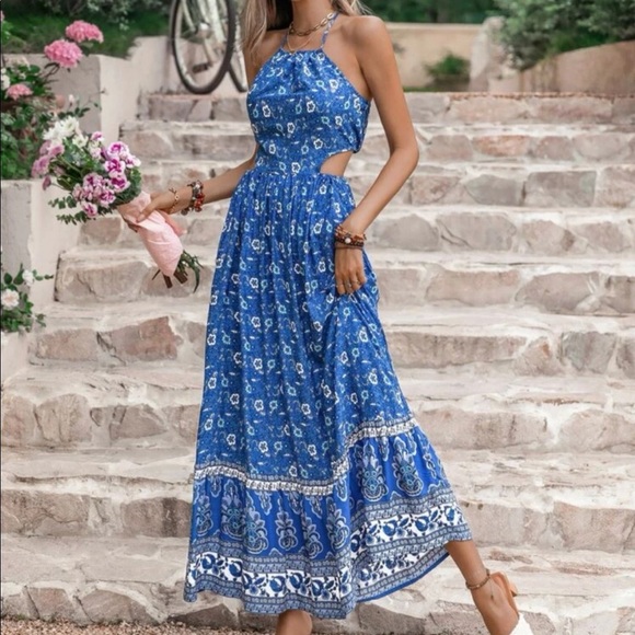 Boho Floral Paisley Print Cutout Halter Maxi Dress GREEN - Picture 7 of 13